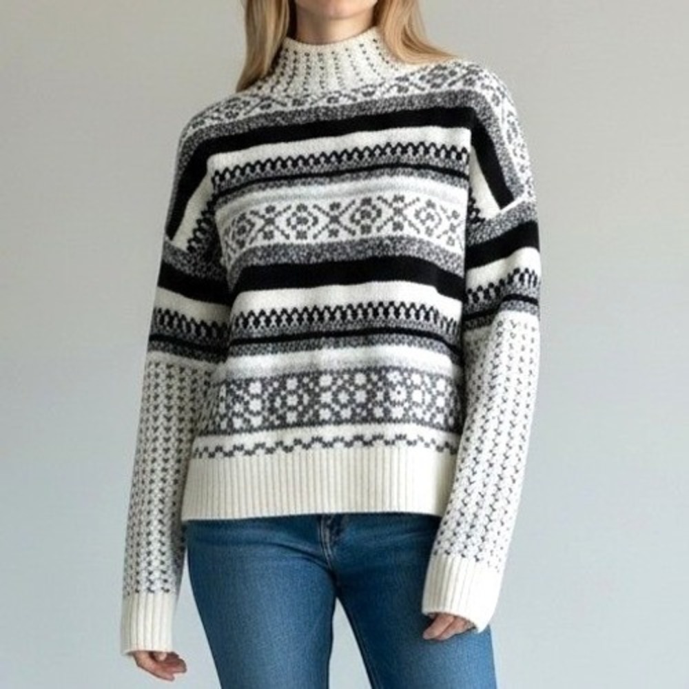 Fair Isle Knit Mock Neck Sweater Women M Black White  Nordic Pullover